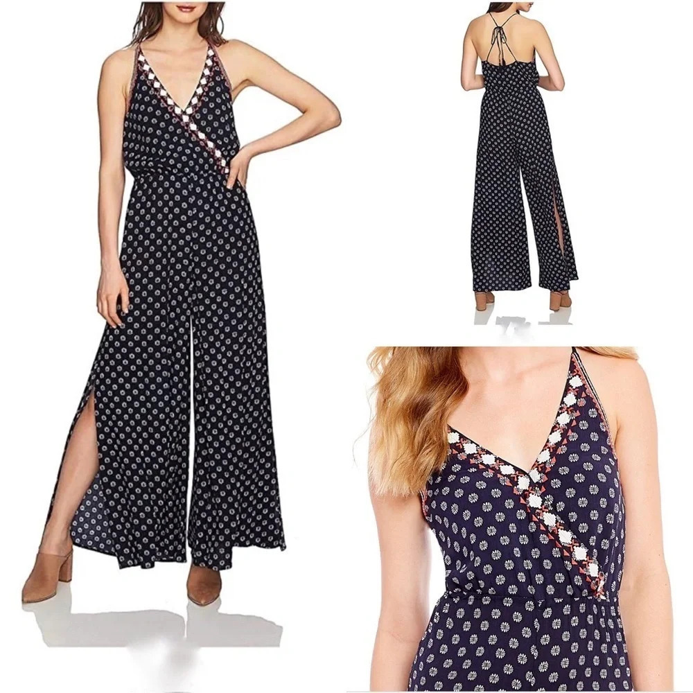 1.State | Navy Embroidered Wide Leg Slit Jumpsuit